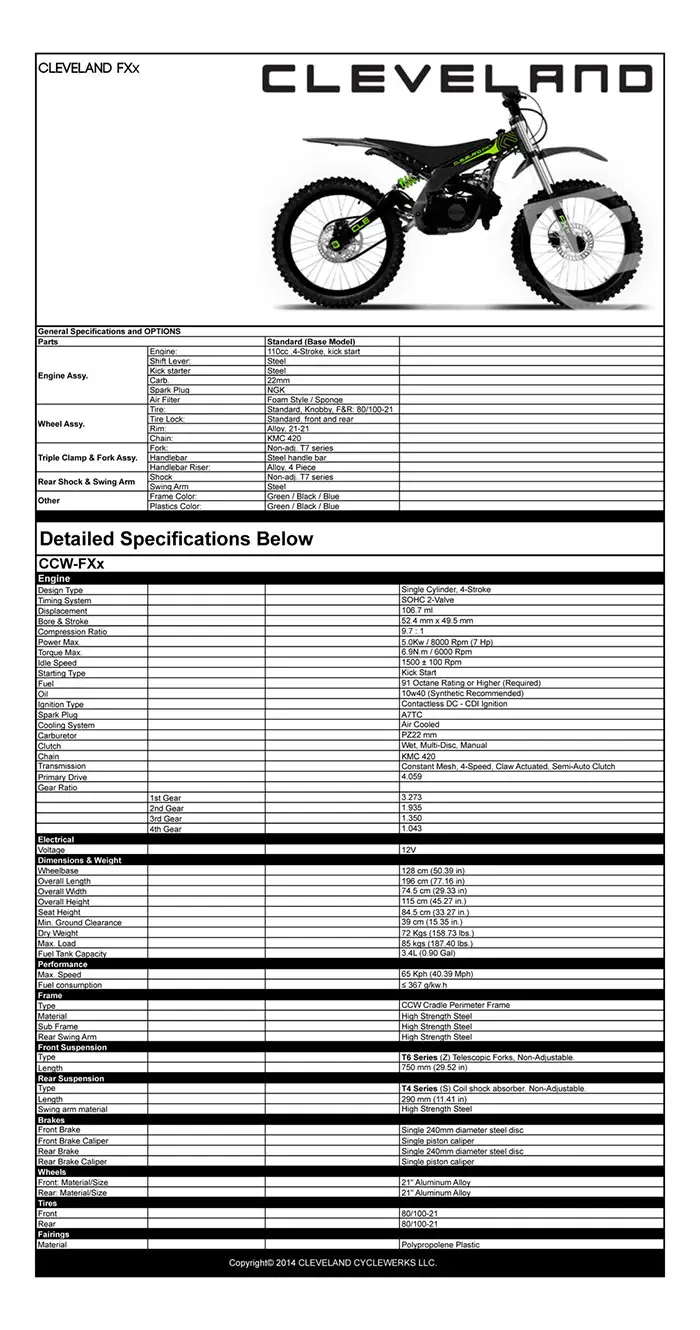 2016 Cleveland CycleWerks FXx Specifications