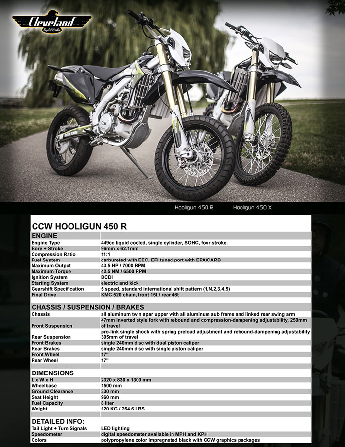 2017 Cleveland CycleWerks Hooligan X 450 Specifications