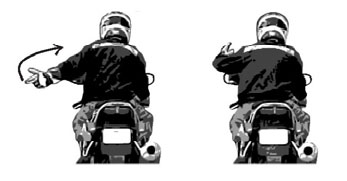 You Lead/Come - Left arm extended upwards 45°, palm forward pointing with index finger, swing in arc from back to front.