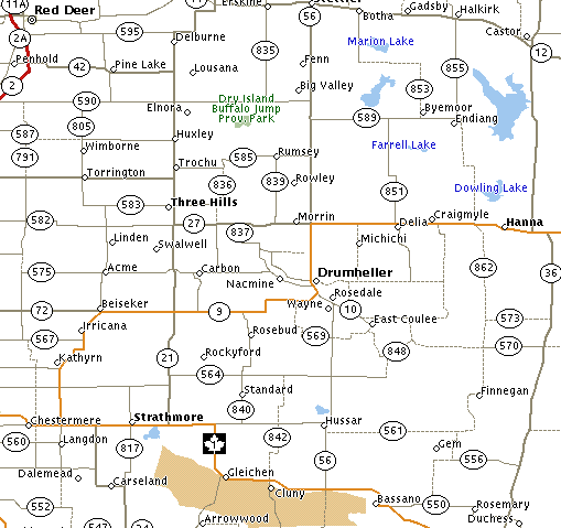 Map of Drumheller, Hanna, Strathmore route