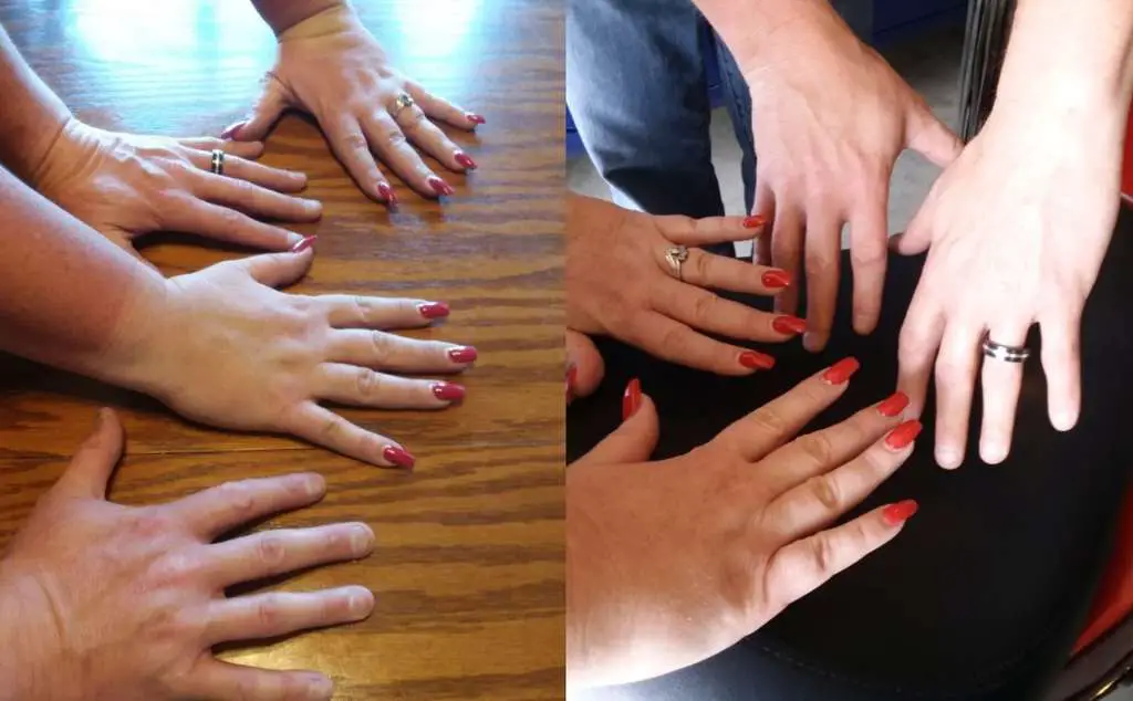Indian Women's Review, Two side by side pictures show two sets of hands displayed, male and female, both with wedding rings and the woman's hands are well manicured with red nails. Both sets of hands appear to be very clean in both pictures. The arms in first picture appear to be more tan than the arms in the second.