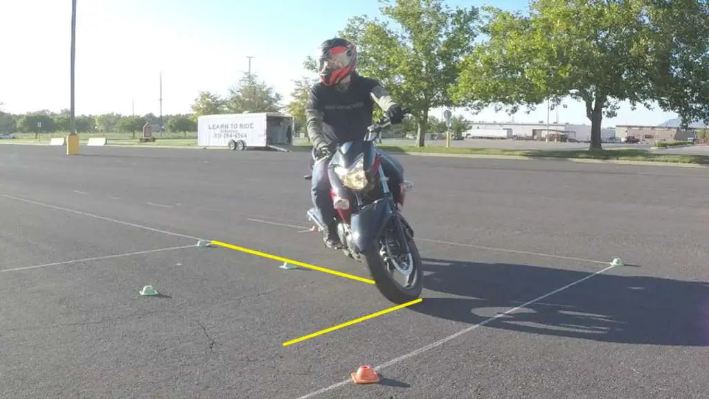 Rider leaning into a right-hand turn with counterweighting posture, bars squared at outset