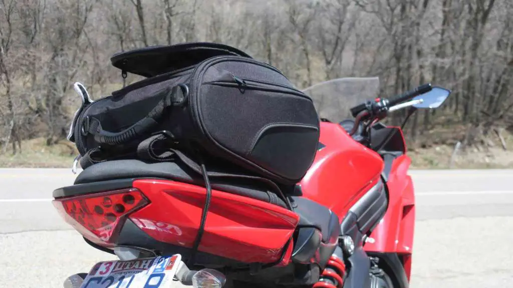 Full-frame image of the Viking Sport Tail Bag mounted to the pillion of a 2012 Kawasaki Ninja 650.