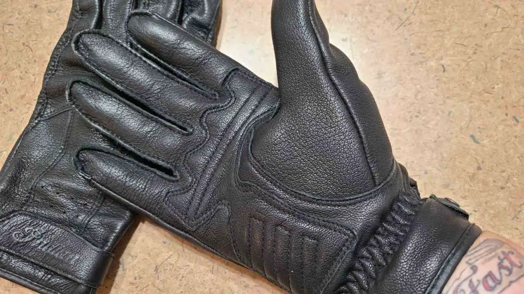 Close-up of leather motorcycle glove stitching