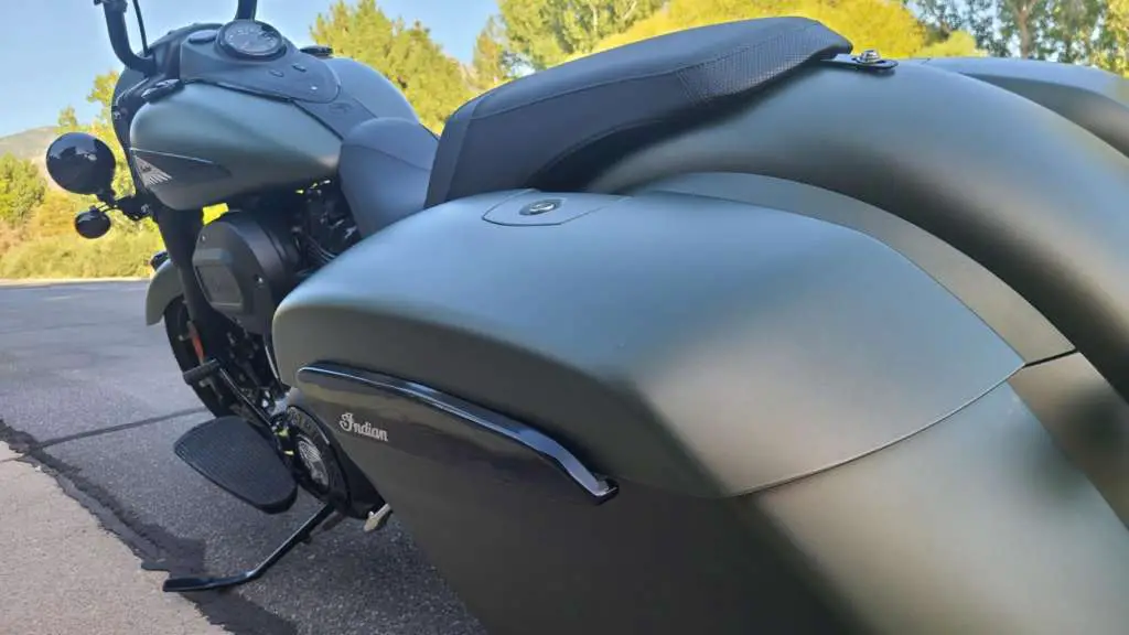 2020 Indian Springfield Dark Horse in Sagebrush Smoke, pictured low on the left side quartering away.